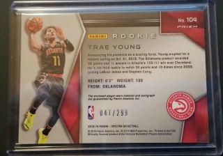 2018 - 19 Trae Young Spectra Patch Auto RPA RC Jersey 047/299 SP 2