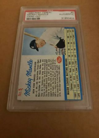 1962 Post Cereal Mickey Mantle Hand Cut Psa Authentic