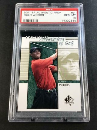 Tiger Woods 2001 Sp Authentic 51 Ambassadors Of Golf Preview Rookie Psa 10