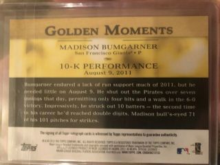 2012 Topps Golden Moments Autograph Madison Bumgarner San Francisco Giants 2