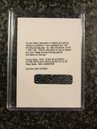 18 - 19 Upper Deck Sp Authentic Future Watch Auto Patch Isac Lundestrom Redemption