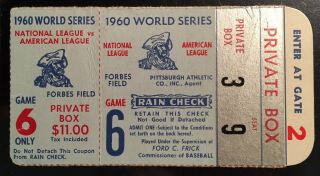 1960 World Series Game 6 Ticket Stub Pirates/yankees Mantle Hits/ford Shut Out