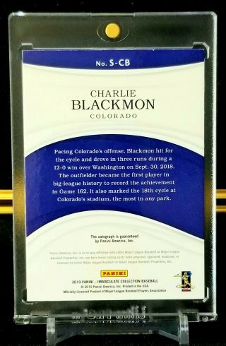 2019 Panini Immaculate Charlie Blackmon Signatures Auto Gold 20/49 Rockies 2