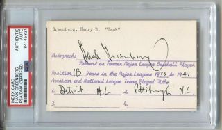 Hank Greenberg Signed Auto 3x5 Index Card Document With His Information Psa/dna