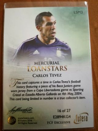 Futera Exclusive Loanstars /27 Carlos Tevez Argentina game worn jersey card 2
