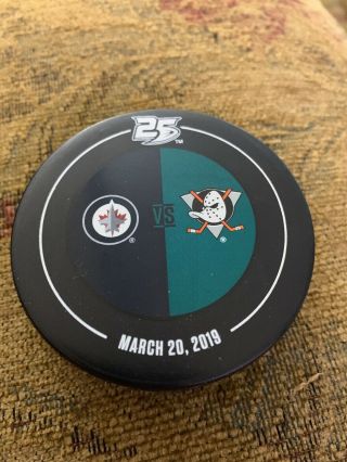 Nhl Anaheim Ducks Vs Winnipeg Jets Actual Warm - Up Puck 3rd Jersey,  3/20/19