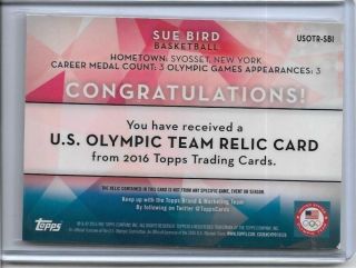 SWEET 2016 TOPPS OLYMPIC SUE BIRD RELIC CARD WNBA UCONN LEGEND MULTIPLES 2