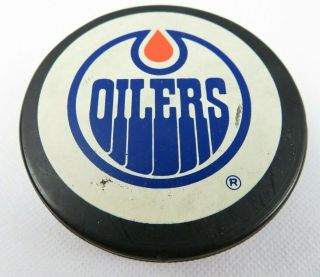Vintage Hockey Game Official Puck Edmonton Oilers Nhl Trench Mfg Made In Canada