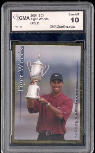 2001 Tiger Woods Sports Card Investor Sci Gold British Open Rookie Gem 10