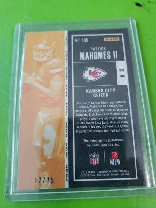 2017 Contenders Optic Red Rookie Ticket Patrick Mahomes Reprint - Facsimile Auto 2