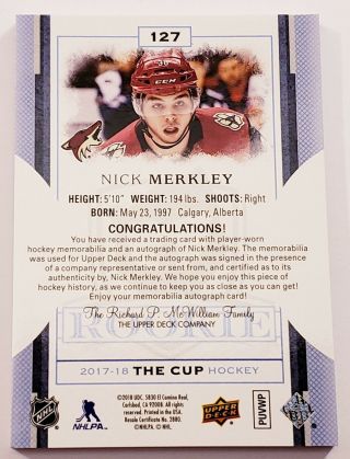 2017 - 18 Upper Deck THE CUP Hockey Nick Merkley Rookie Patch Autograph ' d 8/249 3