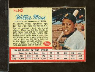 1962 Post No.  142 Willie Mays San Francisco Giants Vg - Ex (gt7)