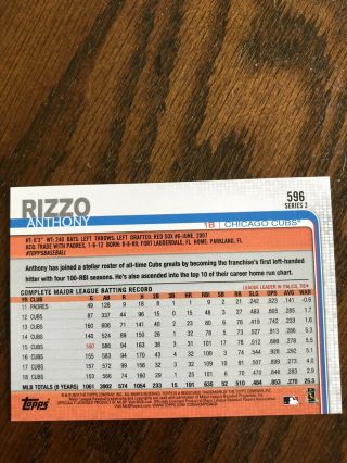 2019 Topps Series 2 ANTHONY RIZZO SSP Photo Variation 596 CHICAGO CUBS 2
