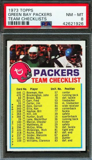 Psa 8 1973 Topps Green Bay Packers Team Checklists Vending Sharp Centered