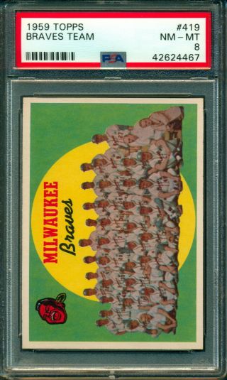 1959 Topps Baseball 419 Milwaukee Braves Team Card W/ Hank Aron Psa 8 Nm -