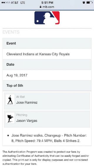 Jose Ramirez Game Ball Walk MLB Authentic 8/19/17 Indians Royals 4