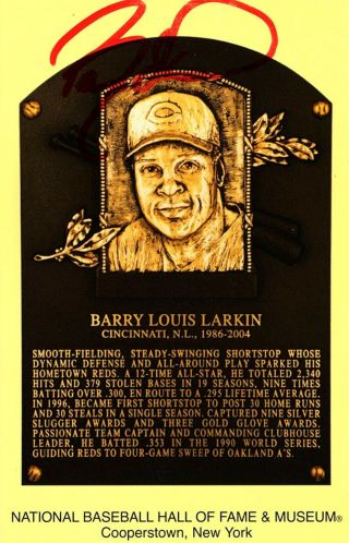Barry Larkin Signed Autographed Hall Of Fame Postcard Reds Baseball Hof Plaque