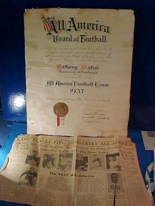 Orig 1937 Ncaa College Football All American Award To Tony Matisi - Pittsburgh