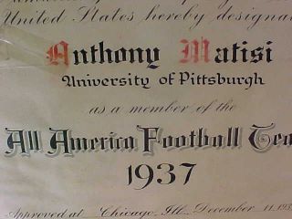 Orig 1937 NCAA College FOOTBALL ALL AMERICAN Award to TONY MATISI - PITTSBURGH 3