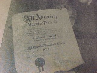 Orig 1937 NCAA College FOOTBALL ALL AMERICAN Award to TONY MATISI - PITTSBURGH 5