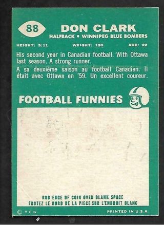 1960 TOPPS CFL FOOTBALL: 88 DON CLARK,  WINNIPEG BLUE BOMBERS - LAST CARD IN SET 2