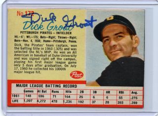 1962 Post Cereal 172 Dick Groat Autograph,  Pittsburgh Pirates,  011019