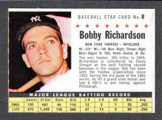 1961 Post Cereal 8 Bobby Richardson Yankees (company Version) Ex - C