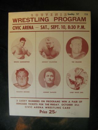 Vintage Sept.  10,  1966 Civic Arena Pittsburgh,  Pa.  Wrestling Program Sammartino