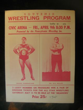 Vintage April 9,  1965 Civic Arena Pittsburgh,  Pa.  Wrestling Program Sammartino
