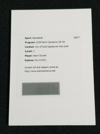 2018 - 19 18 - 19 Opulence Kevin Durant City Of Gold Holo On Card Auto /10 Warriors