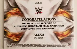 Alexa Bliss 2019 Topps Undisputed Wrestling Shirt Relic Auto SP 007/120 WWE 2