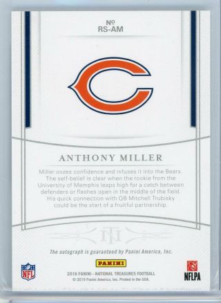 2018 National Treasures Anthony Miller Rookie Auto d 96/99 (Chicago Bears) 2