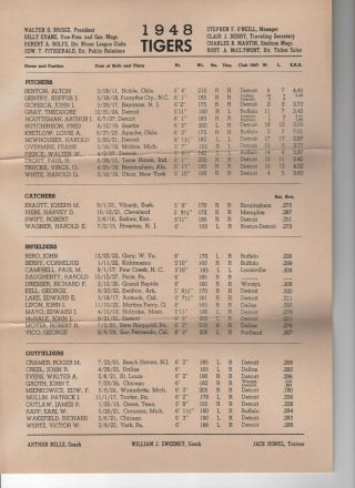 1948 Detroit Tigers Roster,  Paper