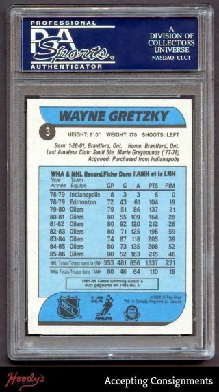 1986 O - Pee - Chee Hockey 3 Wayne Gretzky PSA 9 (OC) OILERS 2