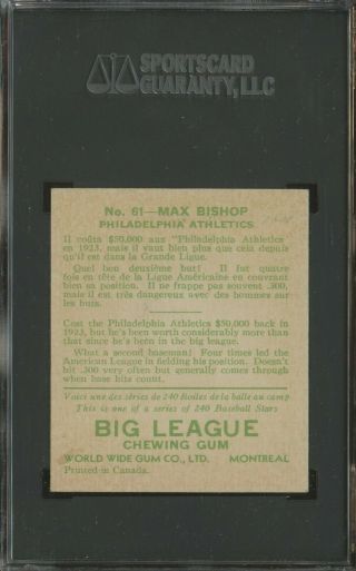 1933 Goudey World Wide Gum 61 Max Bishop Philadelphia Athletics SGC 6.  5 EX - NM, 2