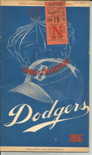 1956 Brooklyn Dodgers Vs St.  Louis Cardinals Pgm / Scorecard With Tkt Stub 6/19