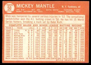 1964 TOPPS 50 MICKEY MANTLE YANKEES NM to NM, 2