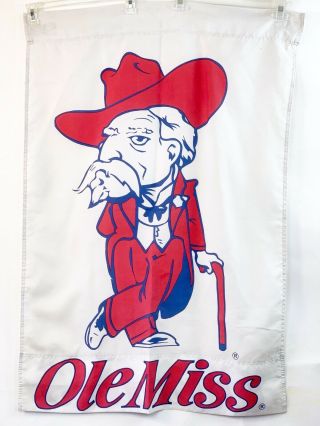Vintage Ole Miss Rebels Colonel Reb 42x29” White Flag Banner Memorabilia Pennant