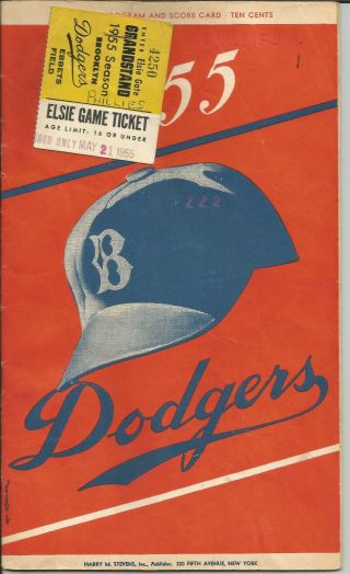 1955 Brooklyn Dodger Program Scorecard W/ Tkt Stub Vs Phillies 5/21/55