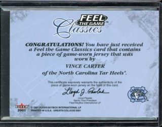 2001 Vince Carter Feel The Game Classics Authentic Game Worn Jersey Card 2