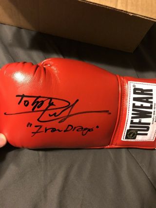 Dolph Lundgren Signed Tuf Wear Boxing Glove Inscribed Drago With Proof