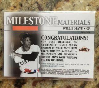 2002 Topps Tribute Willie Mays Milestone Materials Game Worn Jersey card - MIM - WM 2