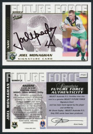 Joel Monaghan Authentic Signature 2002 Select Nrl Future Force Series 2 Ff20