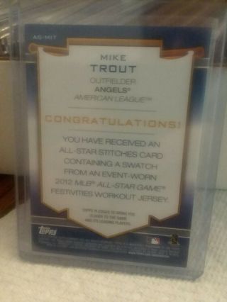 2012 TOPPS ALL STAR GAME MIKE TROUT WORKOUT JERSEY PATCH AS - MIT ANGELS MVP RELIC 2