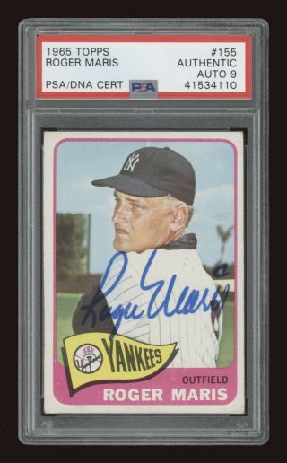 1965 Topps 155 Roger Maris Signed Card - Psa/dna 9 - Yankees Autograph