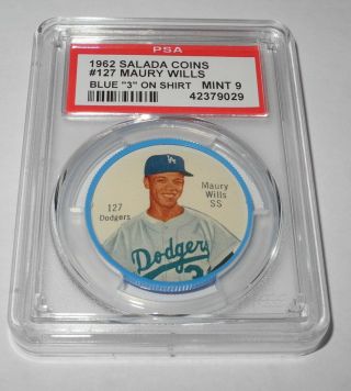 1962 Salada Baseball Coin Pin 127 Maury Wills Los Angeles Dodgers Psa 9