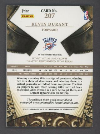 2012 - 13 Preferred Silhouettes Kevin Durant Thunder 3 - Color Patch AUTO 10/10 2