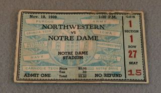 1939 Northwestern Vs Notre Dame College Football Ticket