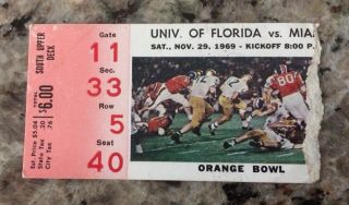 11/29/69 Ticket Stub - University Of Florida Vs Miami - Orange Bowl Florida