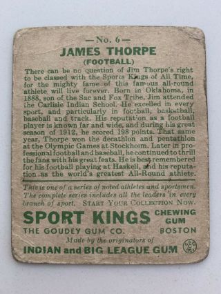 1933 GOUDEY SPORT KINGS GUM 6 JIM THORPE Card 2